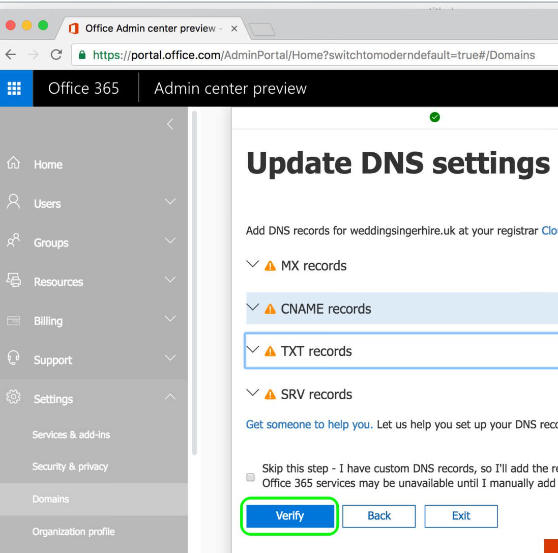7.1 Office 365 - Update DNS Settings window click Verify